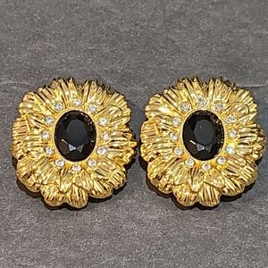 Kenneth J Lane KJL for AVON Gold-tone SUNFLOWER Onyx Rhinestone CLIP ON EARRINGS